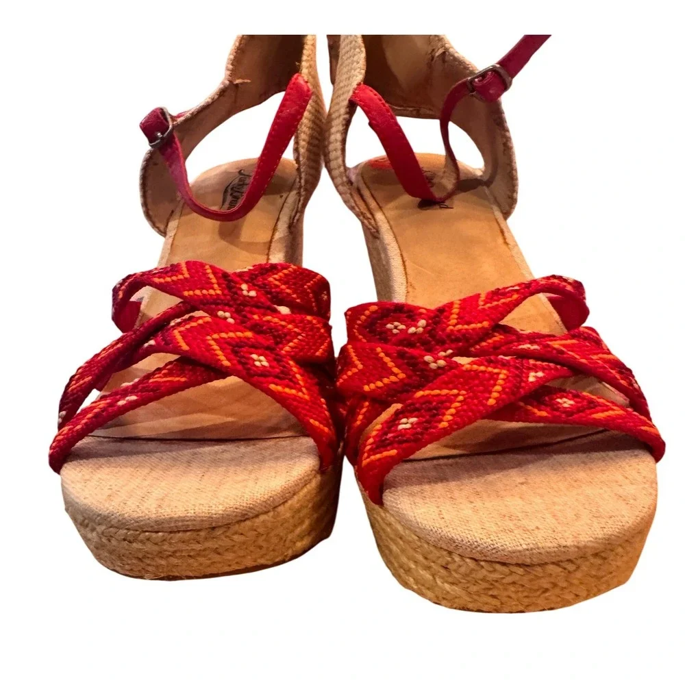 Lucky Brand Women's Red Woven Espadrille Wedge Sandals Size 9.5 ankle strap boho